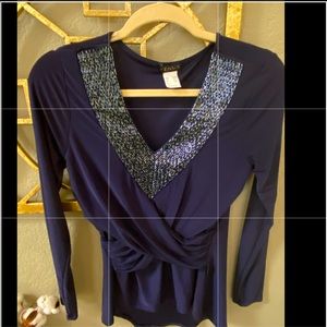 VENUS Beaded V-neck Navy Blouse w/ Ruched Waist